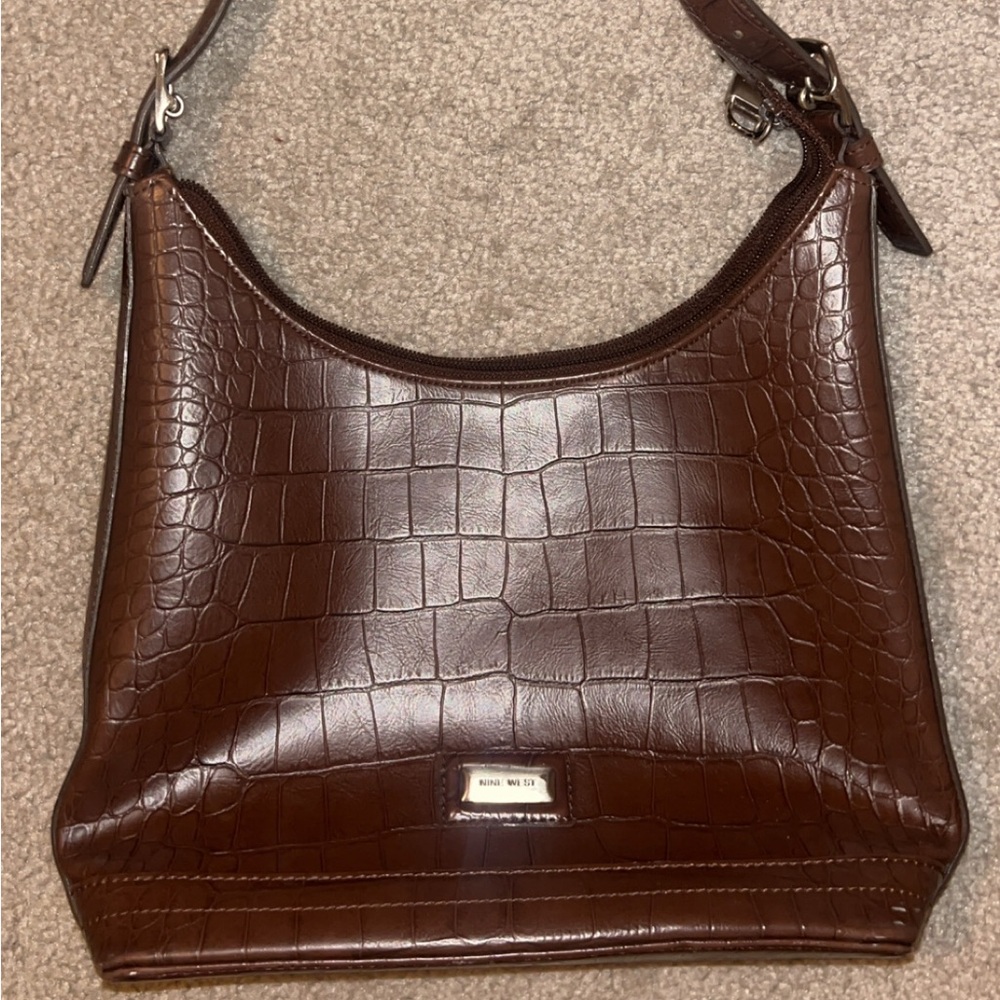 Nine West Dark Brown Croc-Embossed Shoulder Bag